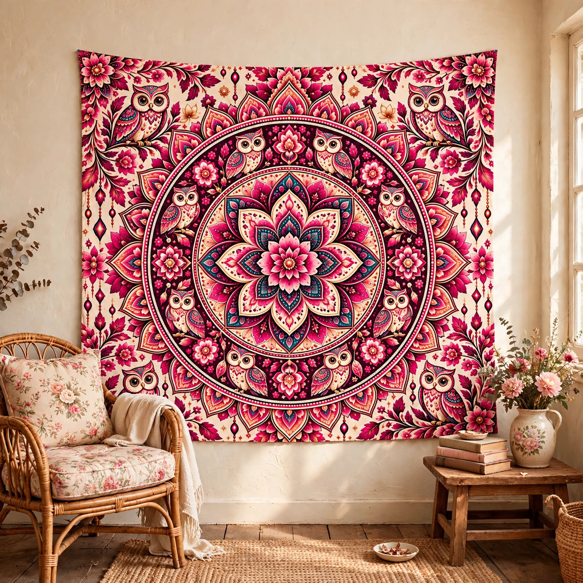 Pink Owl Mandala Tapestry, Boho Floral Wall Hanging, Bohemian Bedroom Decor, Pink Aesthetic Wall Art, Cottagecore Room Decor