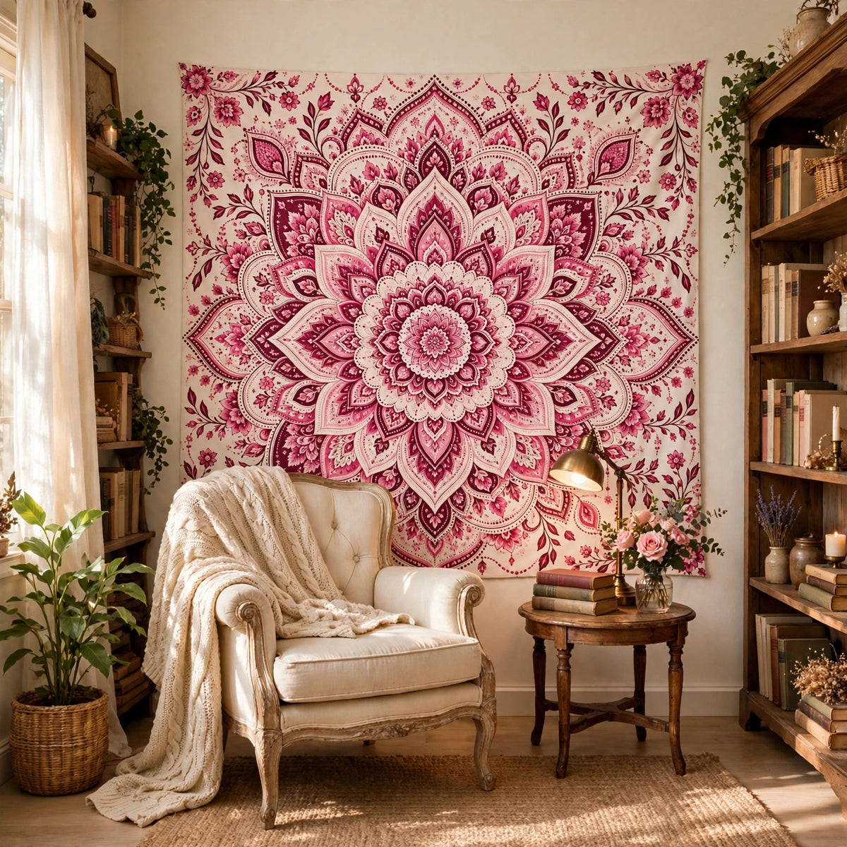 Pink Mandala Tapestry, Floral Boho Wall Hanging, Bohemian Bedroom Decor, Pink Hippie Wall Art, Yoga Meditation Room Decor