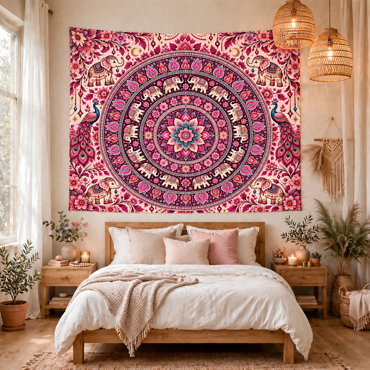 Pink Elephant Mandala Tapestry, Boho Peacock Wall Hanging, Floral Mandala Wall Art, Pink Bohemian Bedroom Decor, Indian Inspired Tapestry