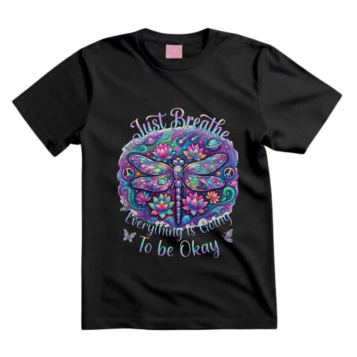 Just Breathe Everything Is Going To Be Okay T Shirt Psychedelic Dragonfly Graphic Tee Lotus Flower Shirt Spiritual Hippie Shirt Boho Dragonfly Shirt Gift For Yoga Lovers