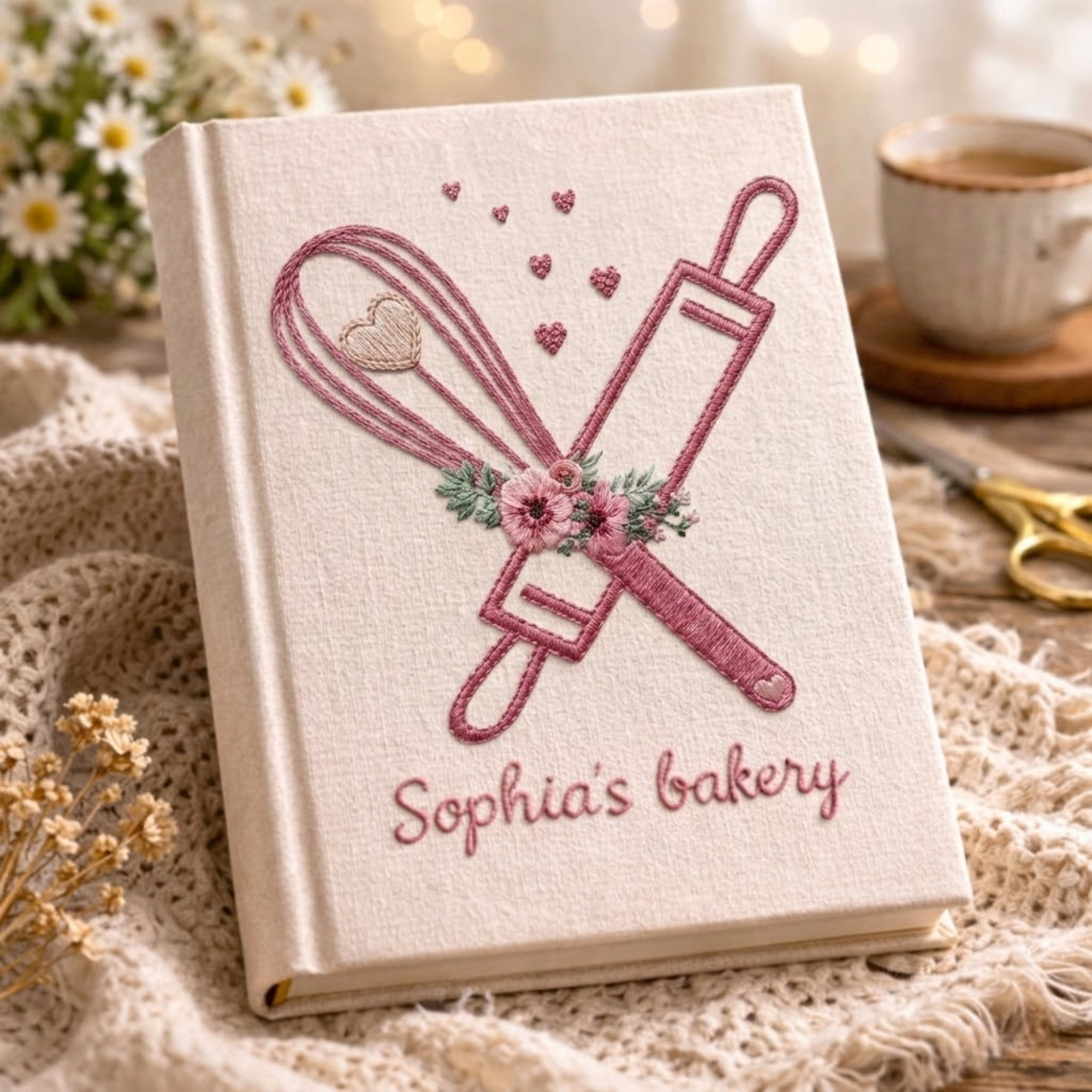 Personalized embroidered floral bakery recipe book handmade linen cookbook, Ver 1