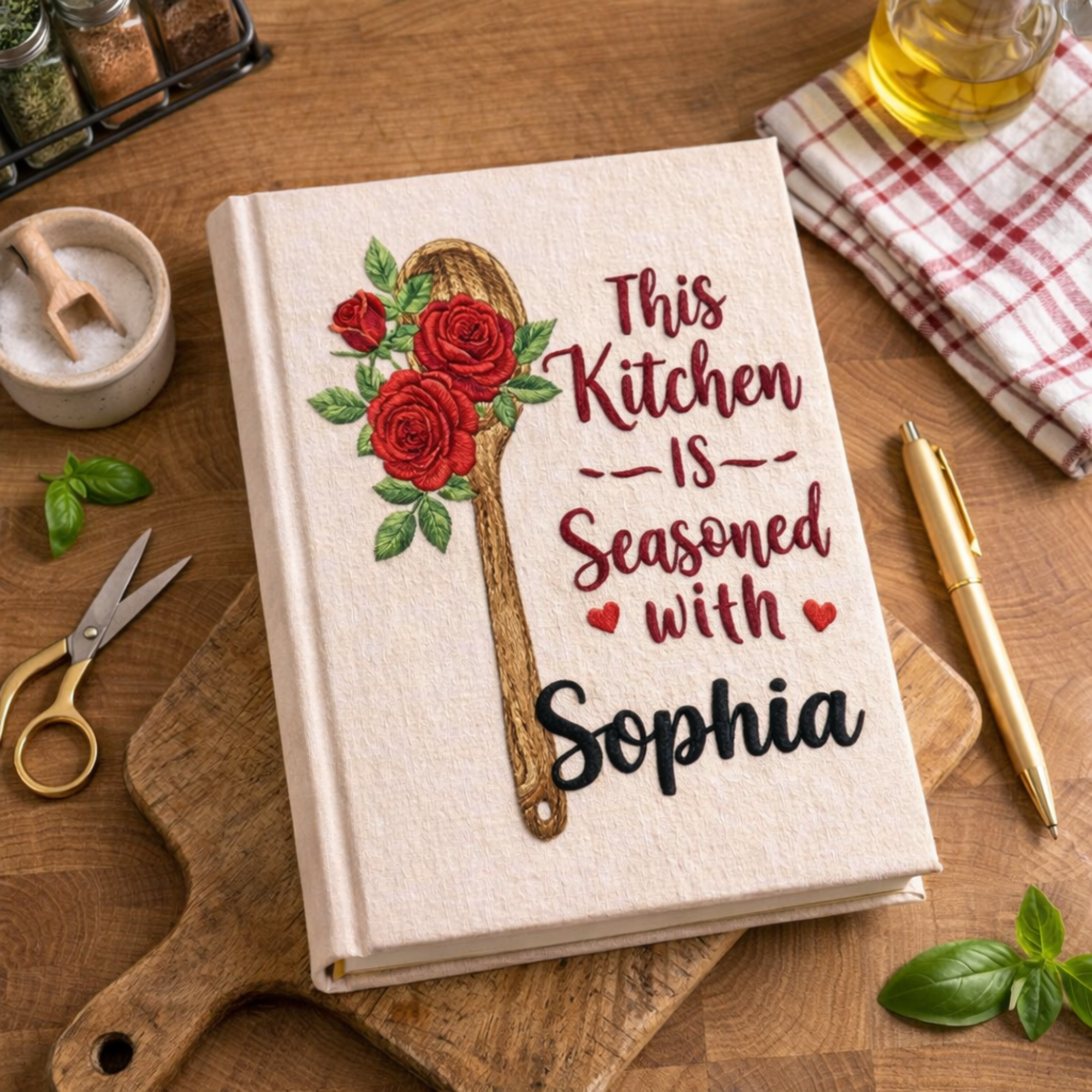Personalized embroidered recipe book handmade linen cookbook farmhouse kitchen gift