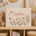 Personalized butterfly wildflower hand embroidered linen notebook with pink flowers and custom name