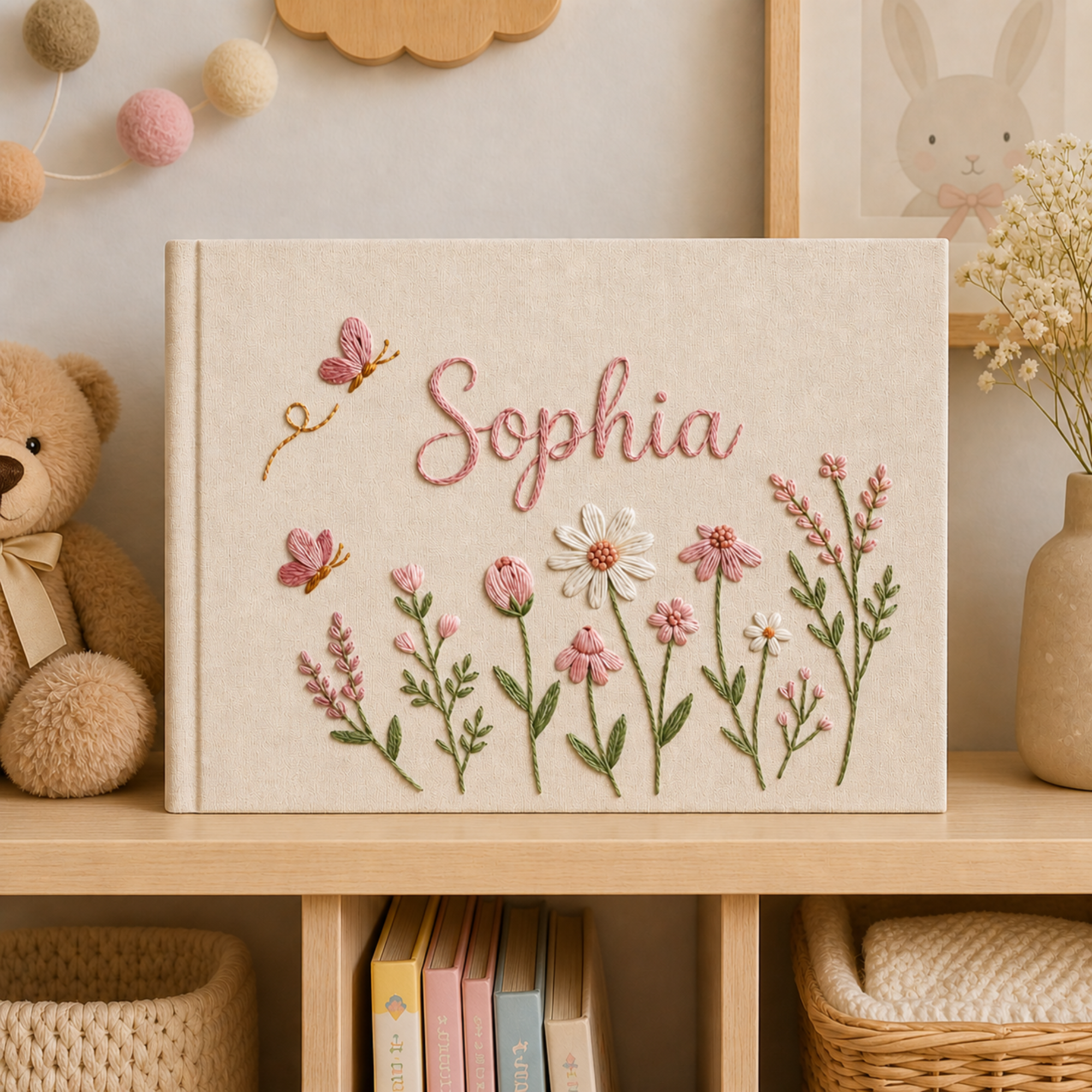 Personalized butterfly wildflower hand embroidered linen notebook with pink flowers and custom name