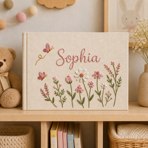 Personalized butterfly wildflower hand embroidered linen notebook with pink flowers and custom name