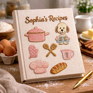 Personalized embroidered puppy baking recipe journal handmade linen cookbook
