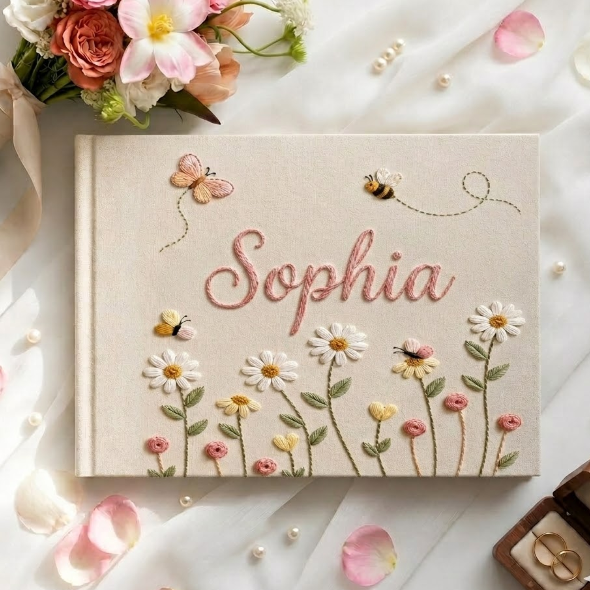 Personalized daisy bee butterfly hand embroidered linen notebook with floral meadow and custom name