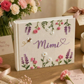 Personalized lavender blossom hand embroidered linen notebook with floral garlands butterflies daisies and custom name