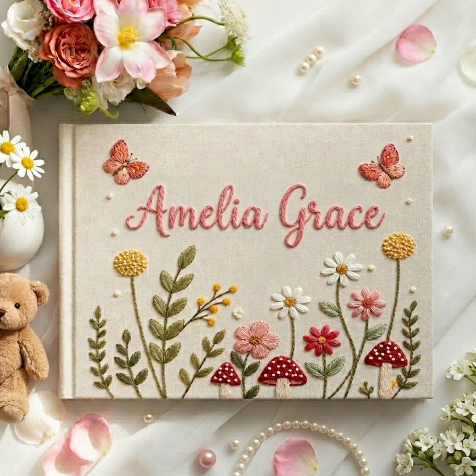 Personalized cottagecore mushroom hand embroidered linen notebook with wildflowers butterflies and custom name