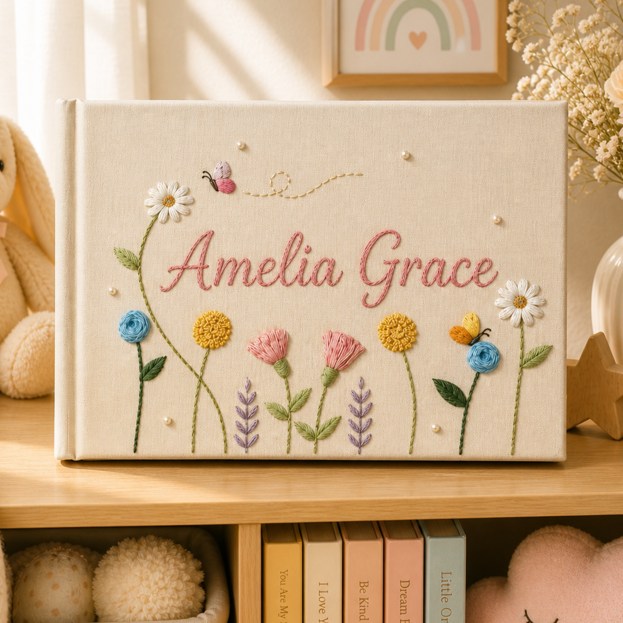 Personalized pastel wildflower hand embroidered linen notebook with butterflies colorful flowers and custom name