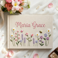 Personalized pastel cottage garden hand embroidered linen notebook with daisies bees flowers and custom name