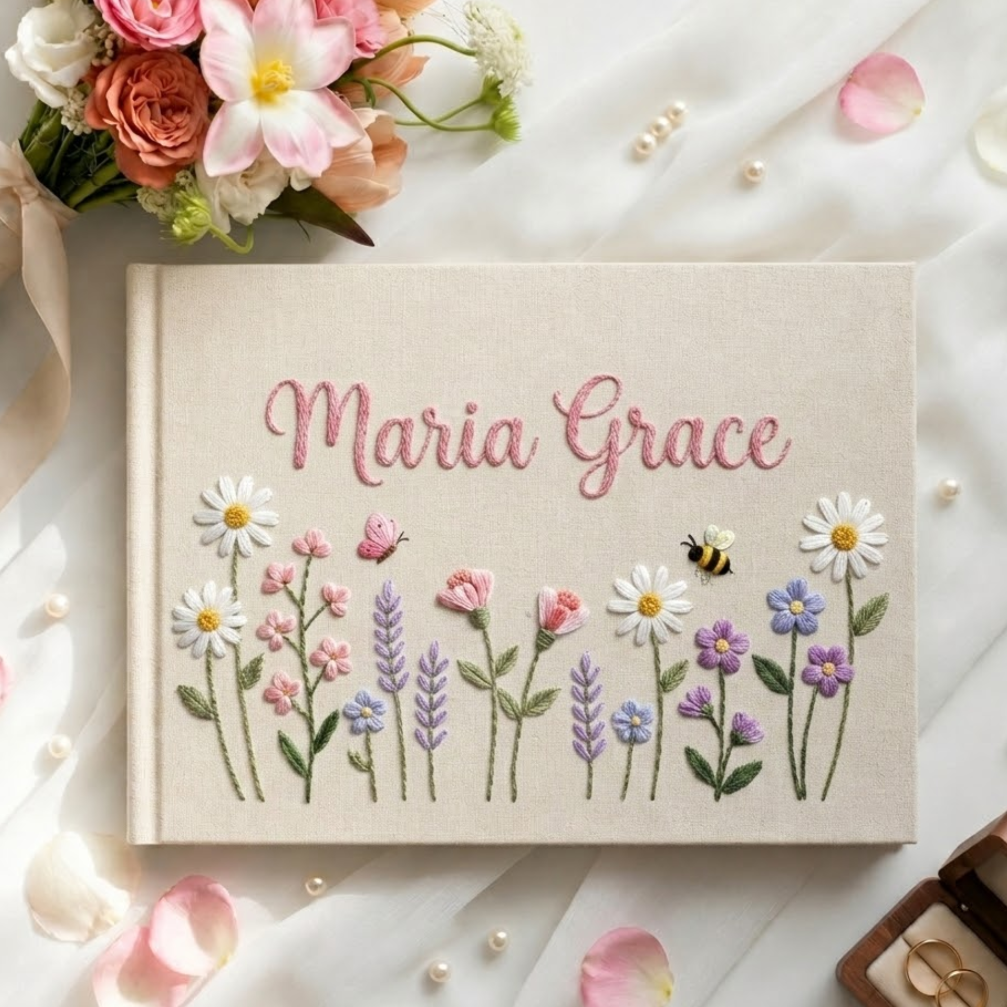 Personalized pastel cottage garden hand embroidered linen notebook with daisies bees flowers and custom name