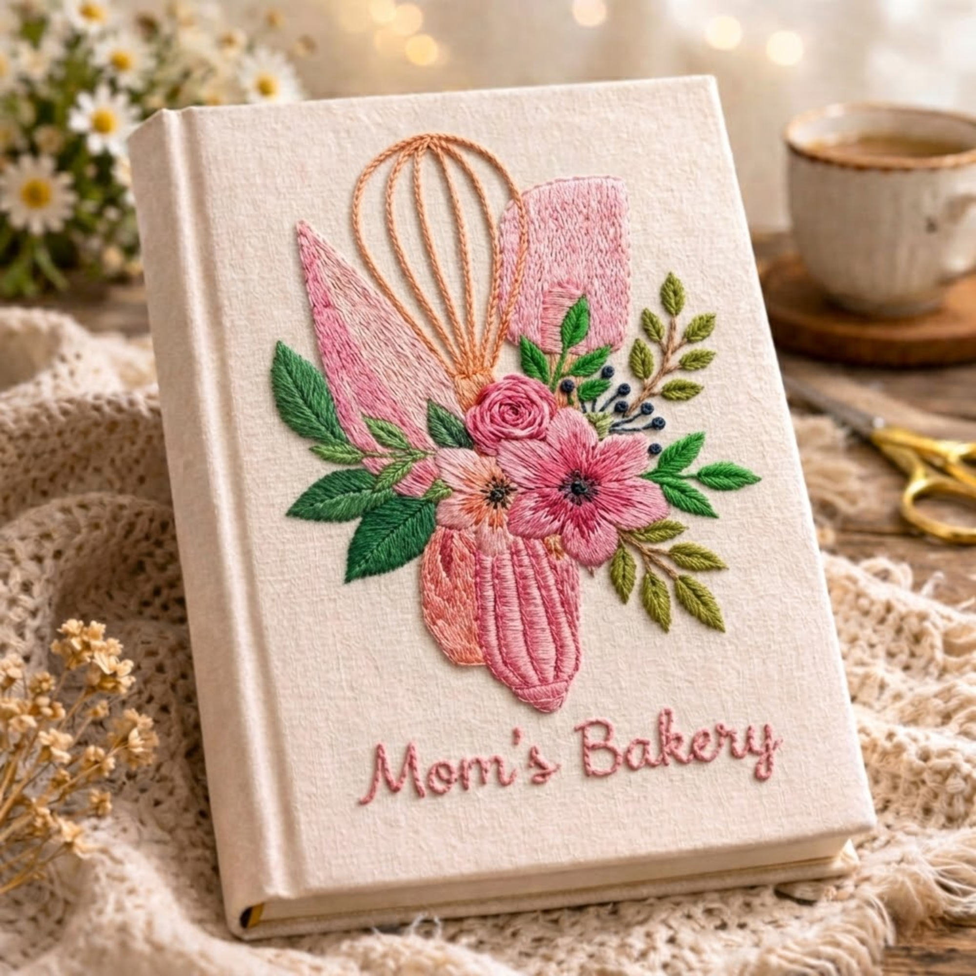 Personalized embroidered floral bakery recipe book handmade linen cookbook