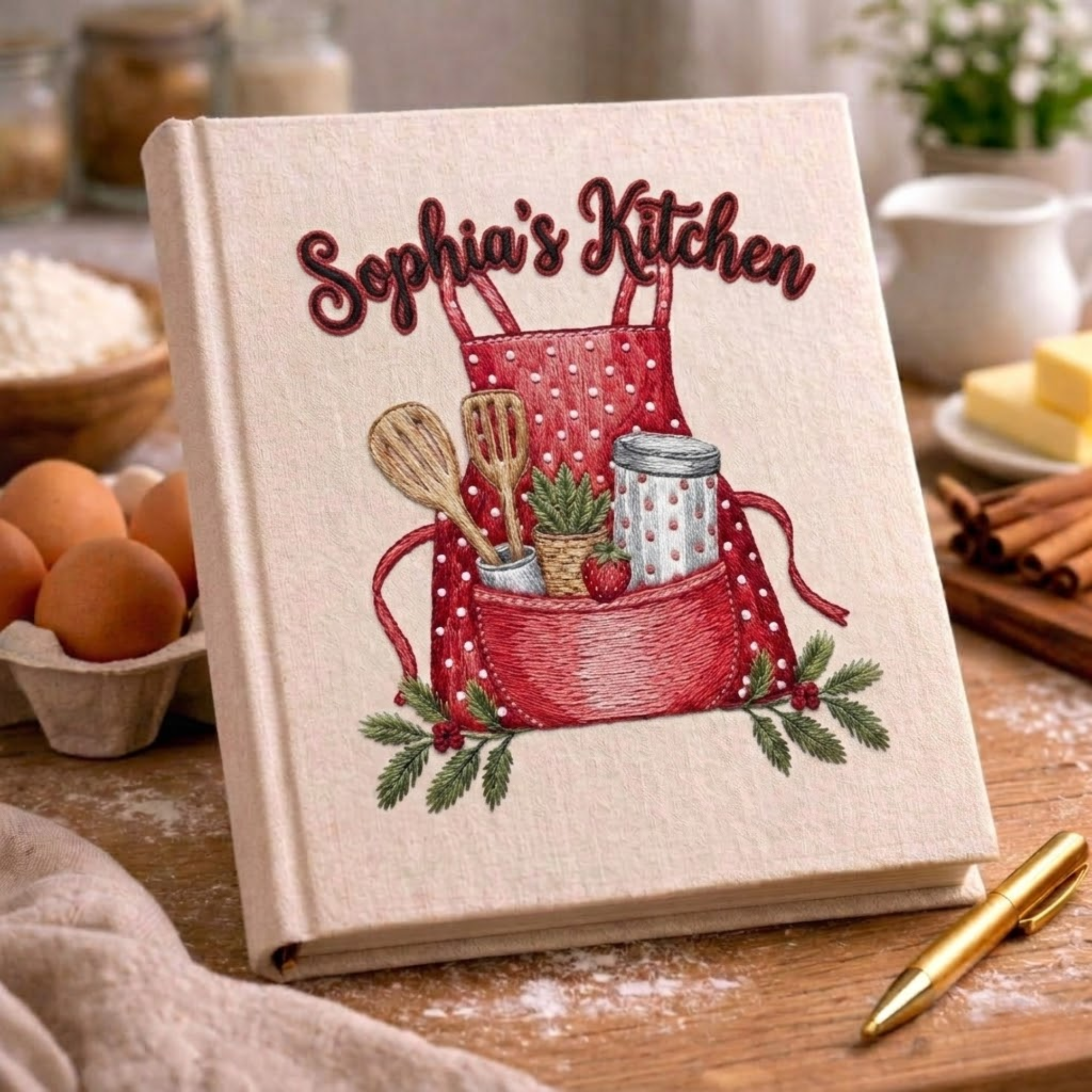 Personalized embroidered recipe book handmade linen cookbook farmhouse kitchen gift