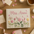 Personalized wildflower garden hand embroidered linen notebook with butterflies and custom name
