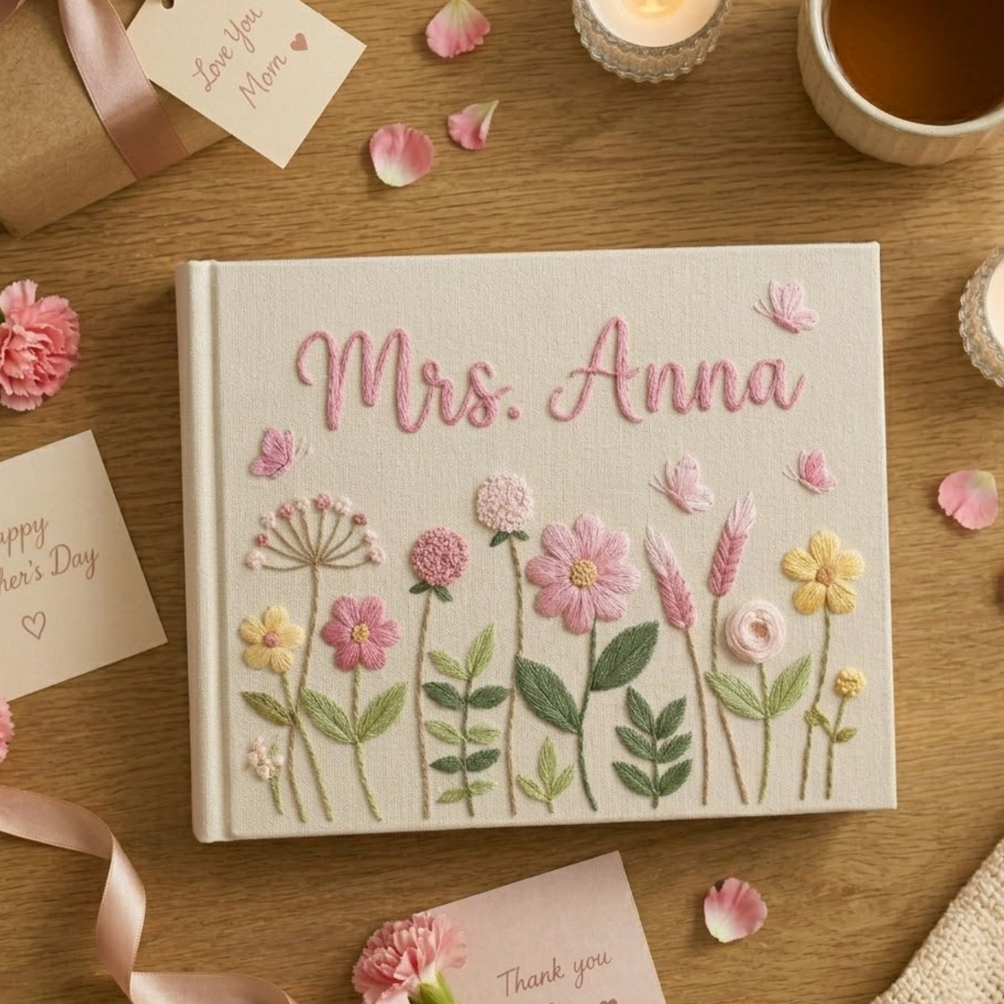 Personalized wildflower garden hand embroidered linen notebook with butterflies and custom name