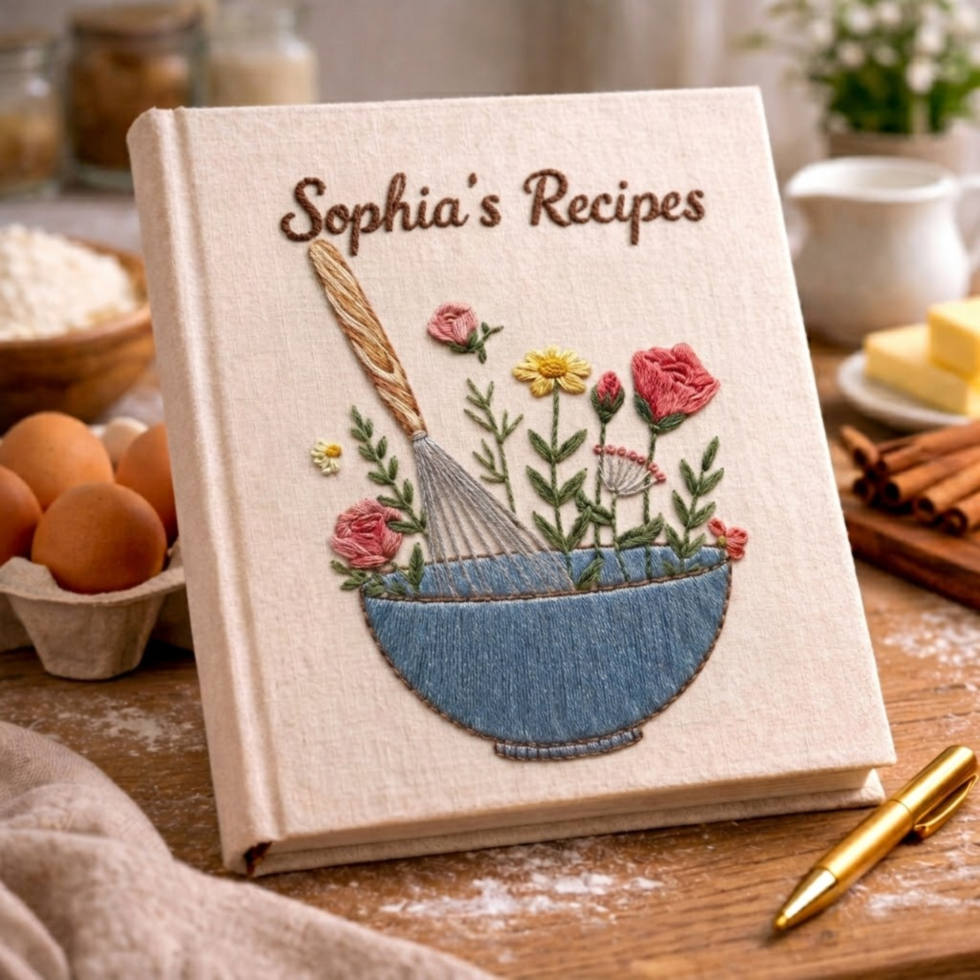 Personalized embroidered floral recipe journal handmade linen cookbook with blue mixing bowl