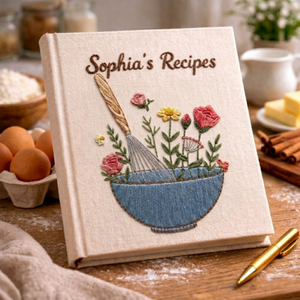 Personalized embroidered floral recipe journal handmade linen cookbook with blue mixing bowl
