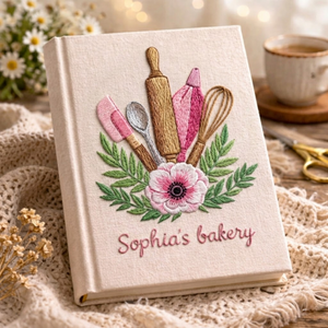 Personalized embroidered bakery recipe book handmade linen floral cookbook