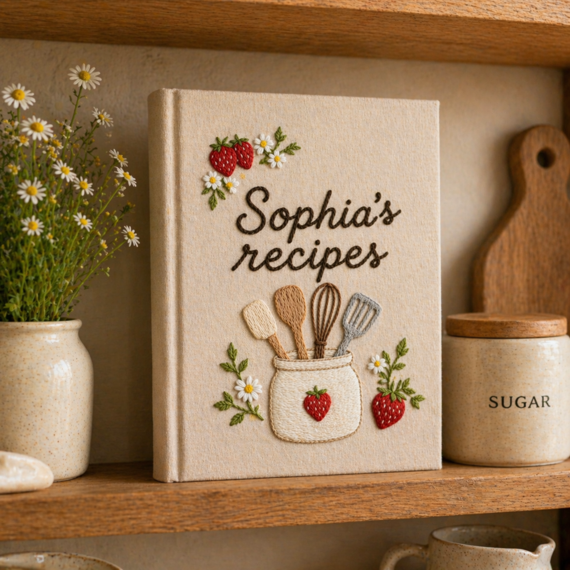 Personalized embroidered recipe book handmade linen cookbook strawberry kitchen journal