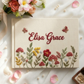 Personalized woodland mushroom hand embroidered linen notebook with butterflies wildflowers and custom name