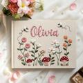 Personalized woodland mushroom garden hand embroidered linen notebook with wildflowers bees and custom name