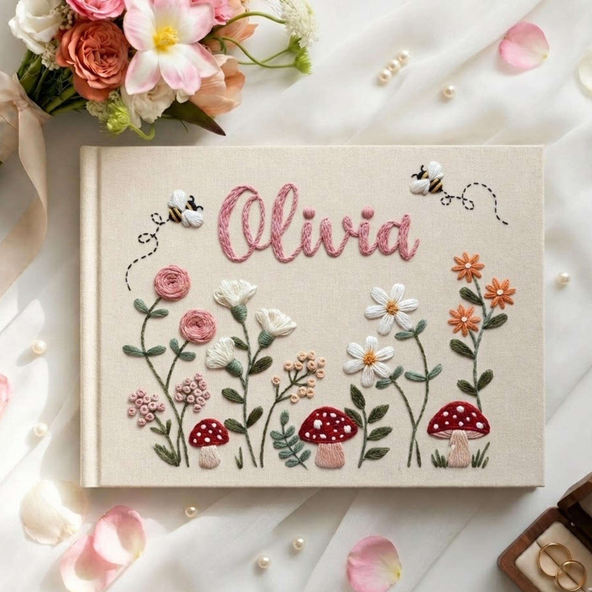 Personalized woodland mushroom garden hand embroidered linen notebook with wildflowers bees and custom name