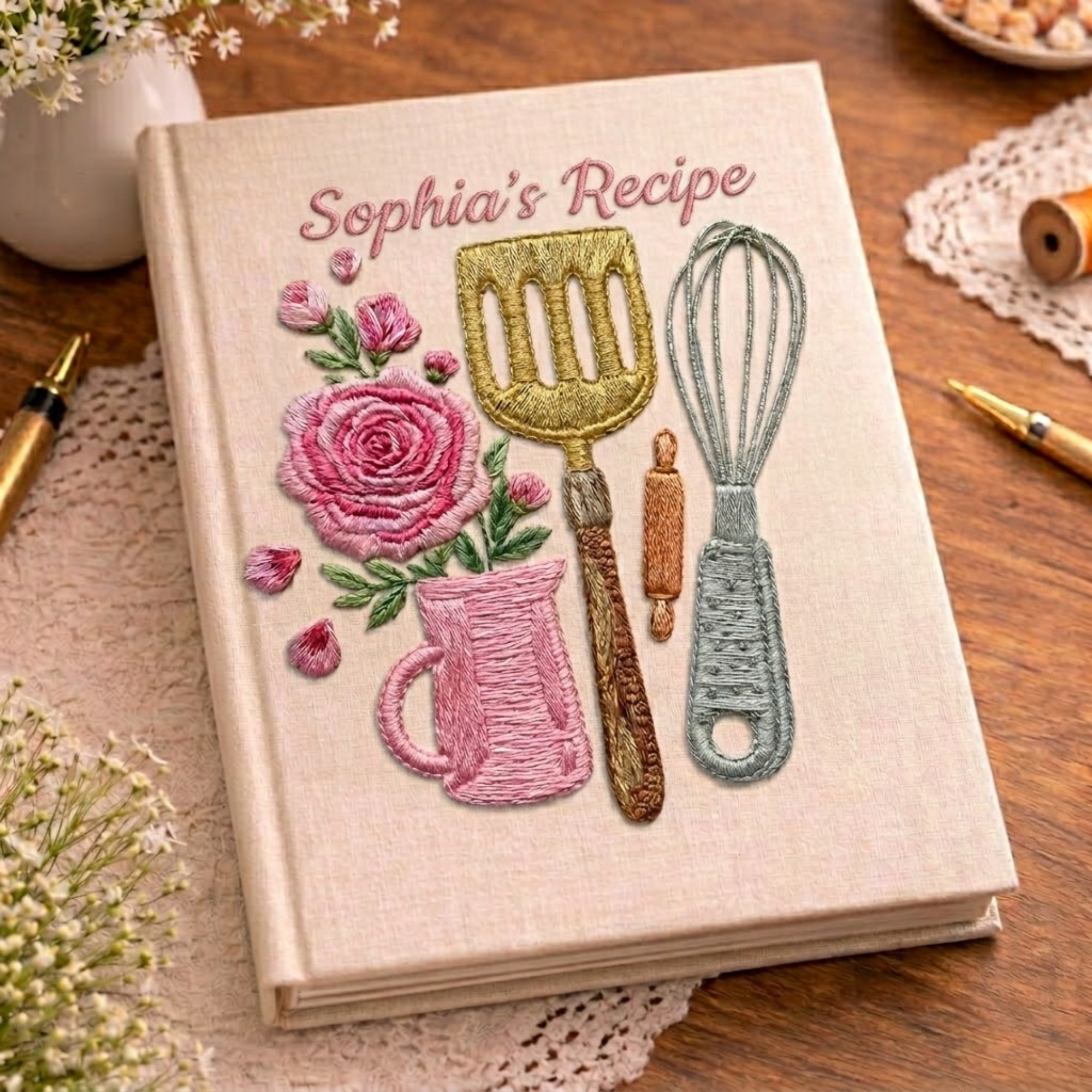 Personalized embroidered kitchen recipe notebook handmade linen floral cookbook
