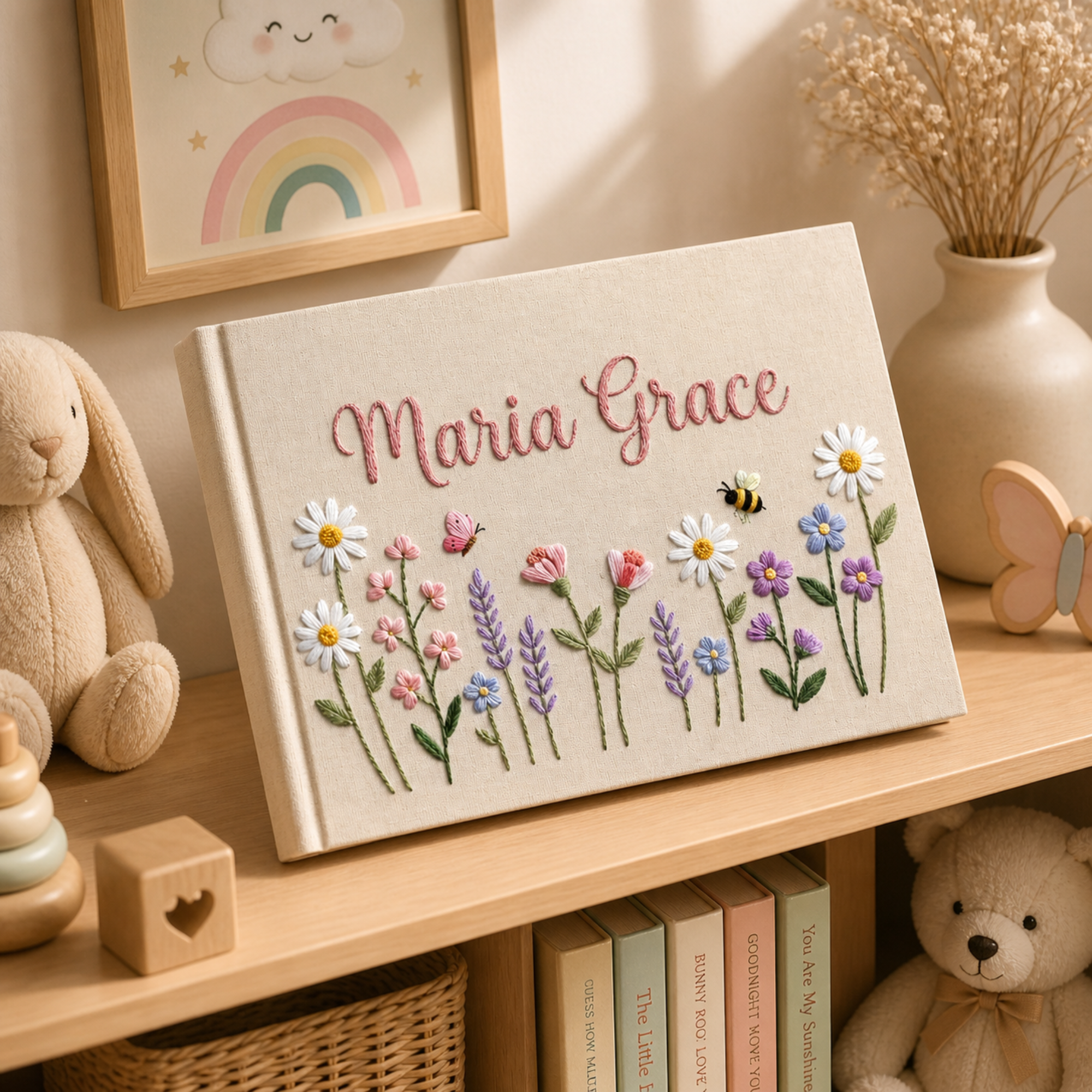 Personalized pastel cottage garden hand embroidered linen notebook with daisies bees flowers and custom name