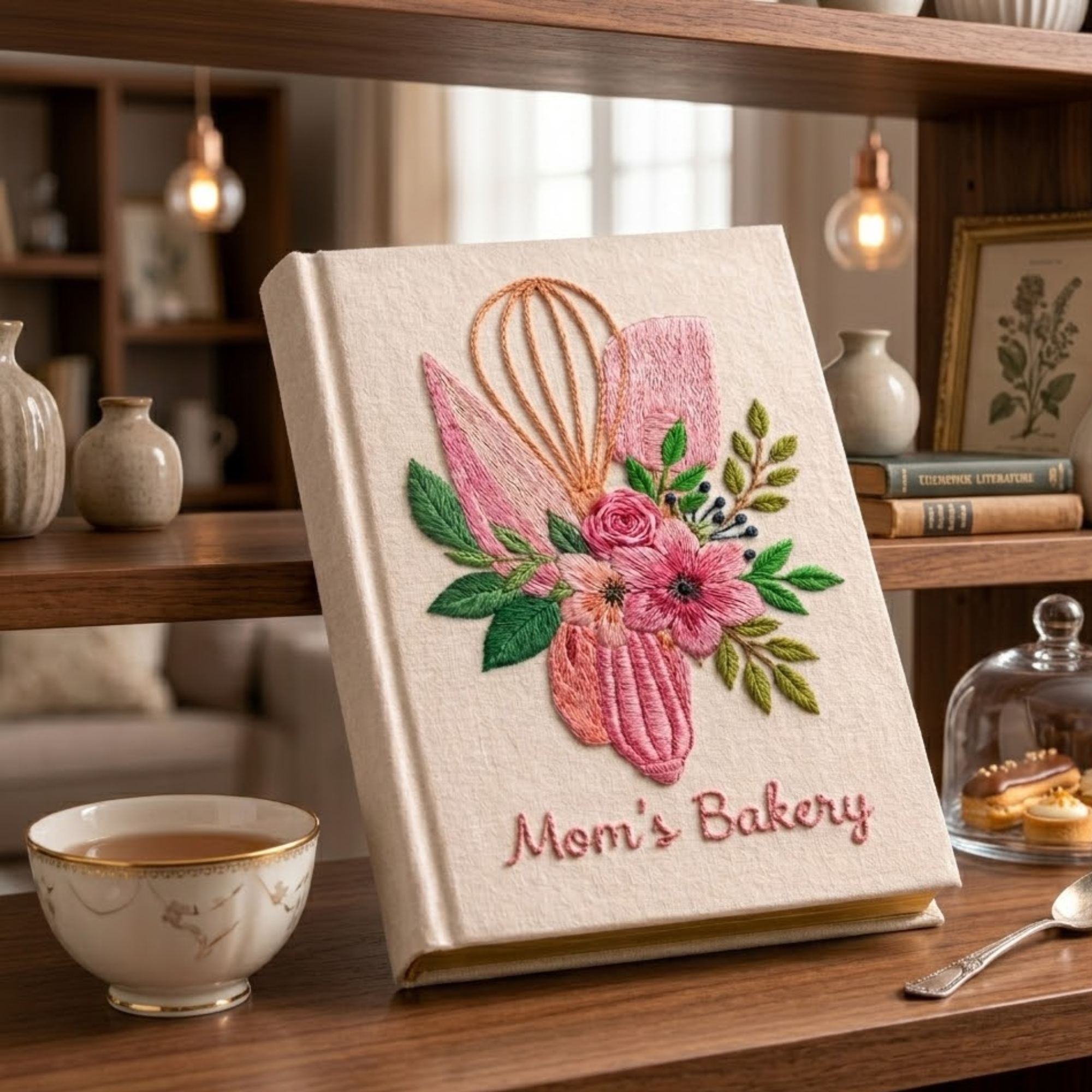 Personalized embroidered floral bakery recipe book handmade linen cookbook 1