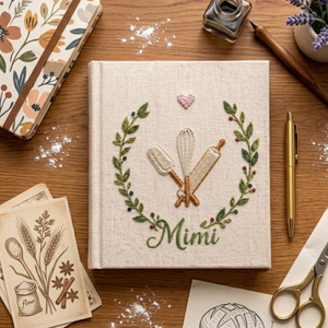 Personalized embroidered baking memory book handmade linen kitchen keepsake 1