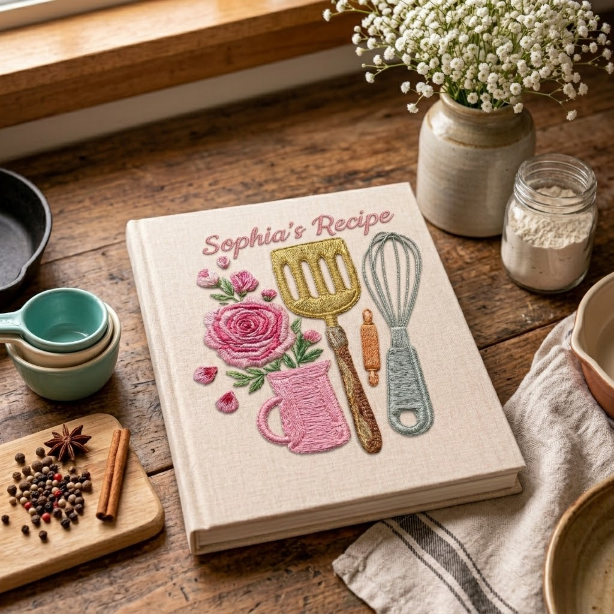 Personalized embroidered kitchen recipe notebook handmade linen floral cookbook 1