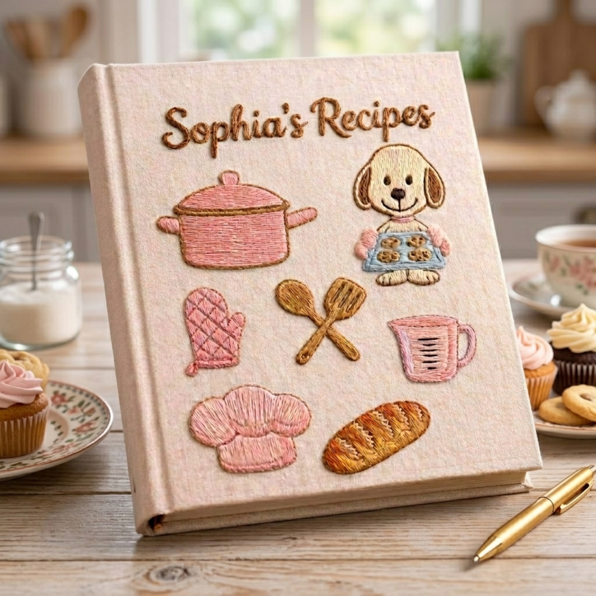 Personalized embroidered puppy baking recipe journal handmade linen cookbook 1