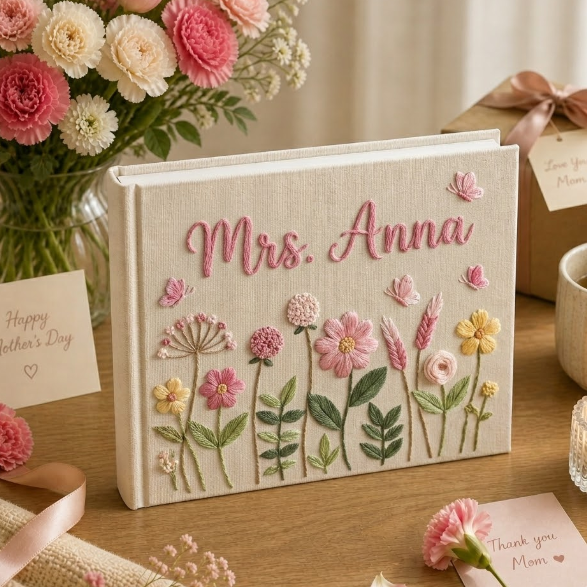 Personalized wildflower garden hand embroidered linen notebook with butterflies and custom name
