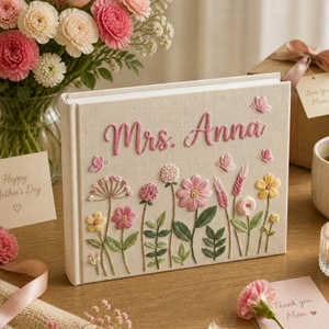 Personalized wildflower garden hand embroidered linen notebook with butterflies and custom name