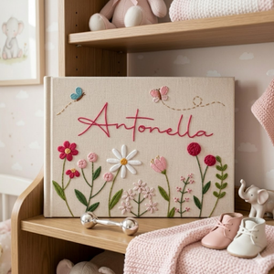 Personalized bright bloom garden hand embroidered linen notebook with colorful flowers butterflies and custom name