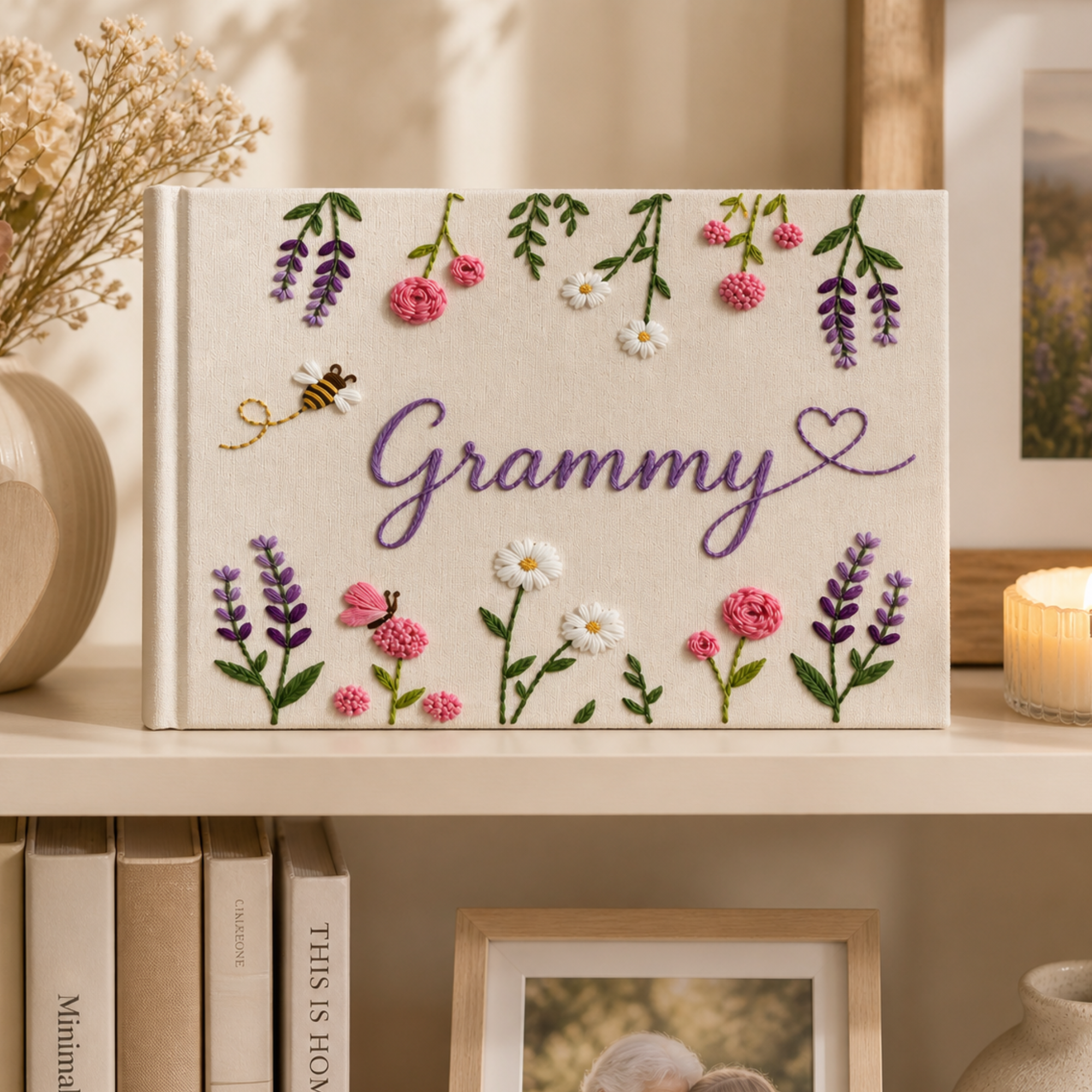 Personalized lavender blossom hand embroidered linen notebook with floral garlands butterflies daisies and custom name
