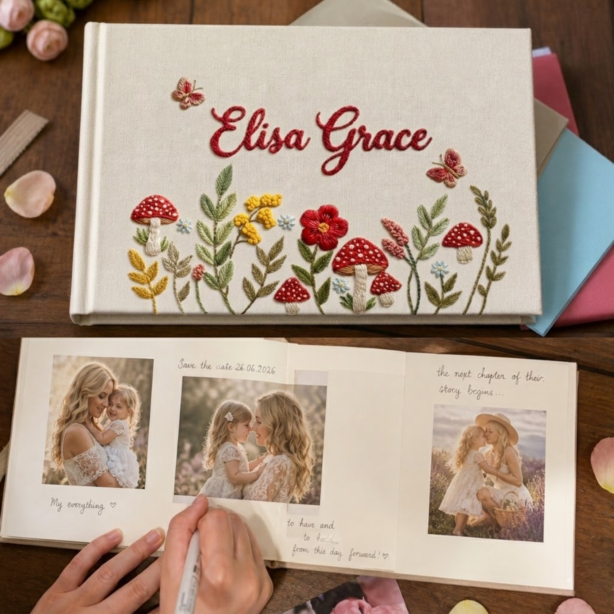 Personalized woodland mushroom hand embroidered linen notebook with butterflies wildflowers and custom name