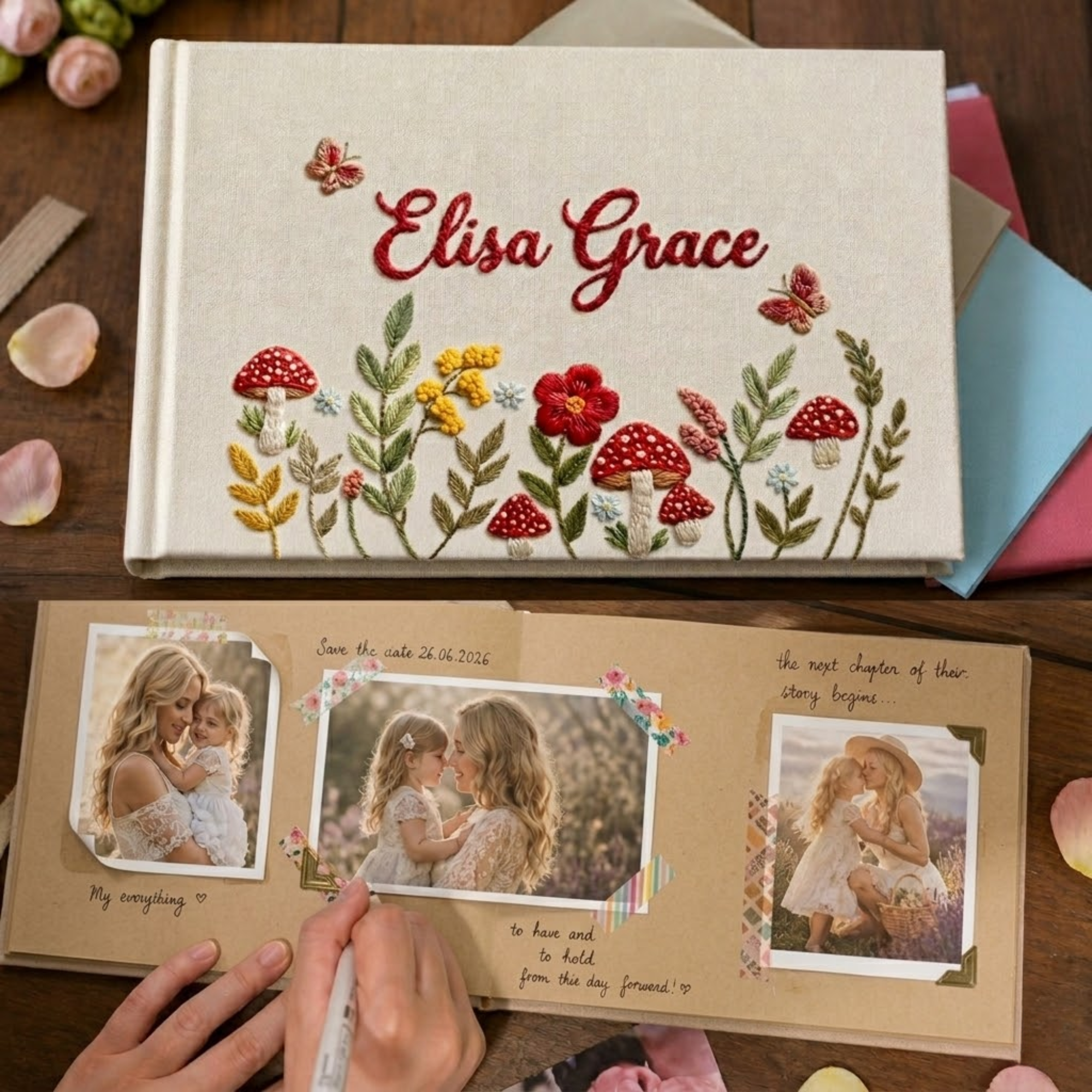 Personalized woodland mushroom hand embroidered linen notebook with butterflies wildflowers and custom name