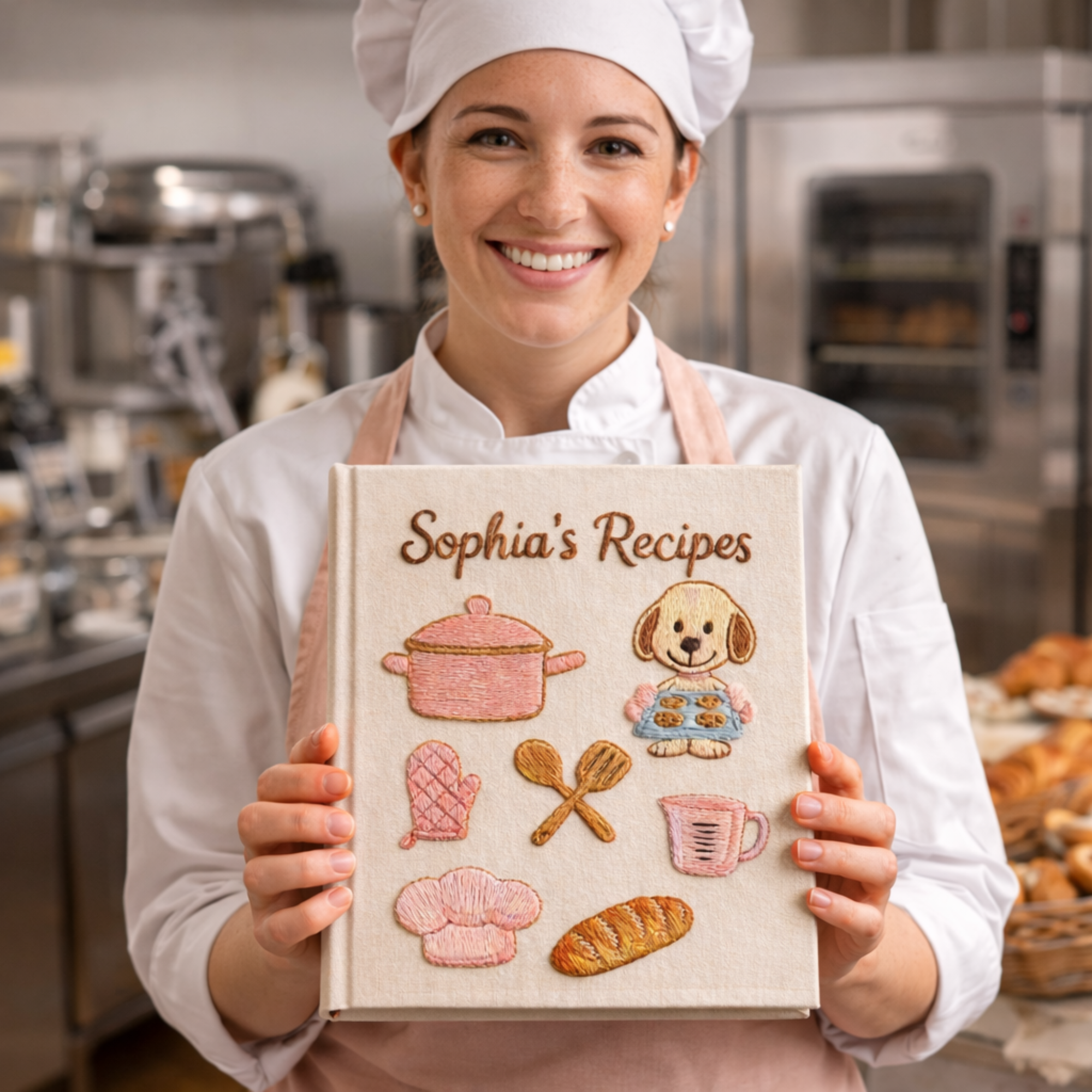 Personalized embroidered puppy baking recipe journal handmade linen cookbook 2