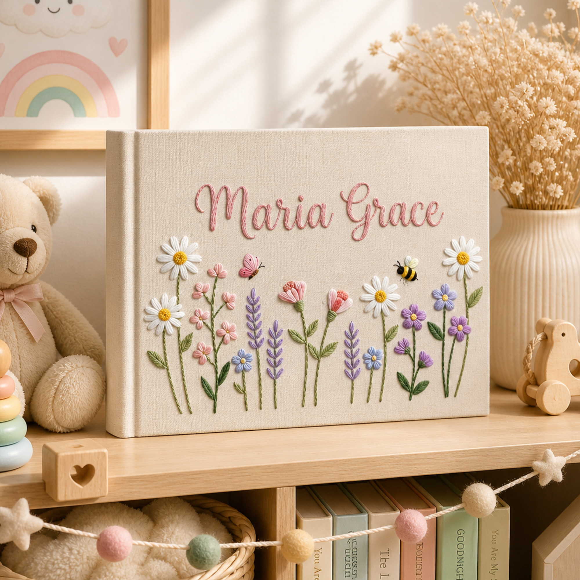 Personalized pastel cottage garden hand embroidered linen notebook with daisies bees flowers and custom name