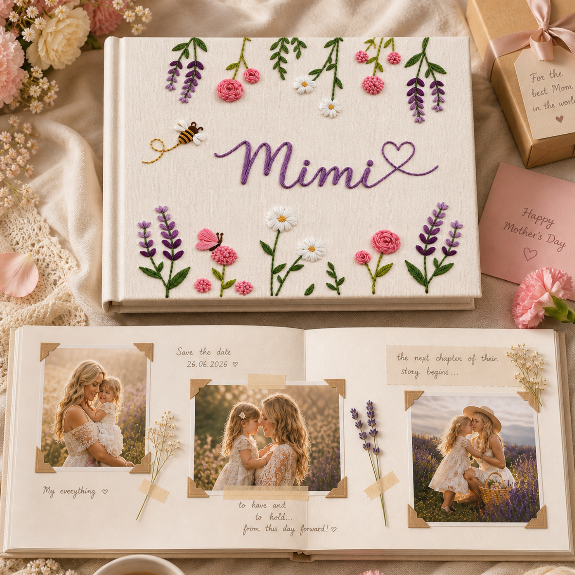 Personalized lavender blossom hand embroidered linen notebook with floral garlands butterflies daisies and custom name