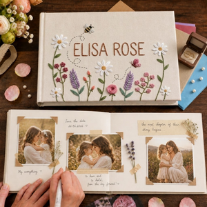 Personalized wildflower bee hand embroidered linen notebook with custom name floral garden journal gift