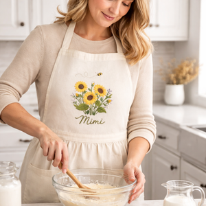 Personalized hand embroidered linen apron featuring sunflowers, wildflowers, honey bee embroidery, and custom name personalization.