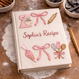 Personalized hand embroidered recipe book featuring a pink stand mixer, pastry piping bag, baking utensils and ribbon bow accents on a linen cover.