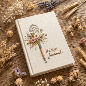 Hand embroidered recipe book featuring a vintage whisk decorated with wildflowers, wheat stems and botanical cottagecore details on a linen hardcover notebook.