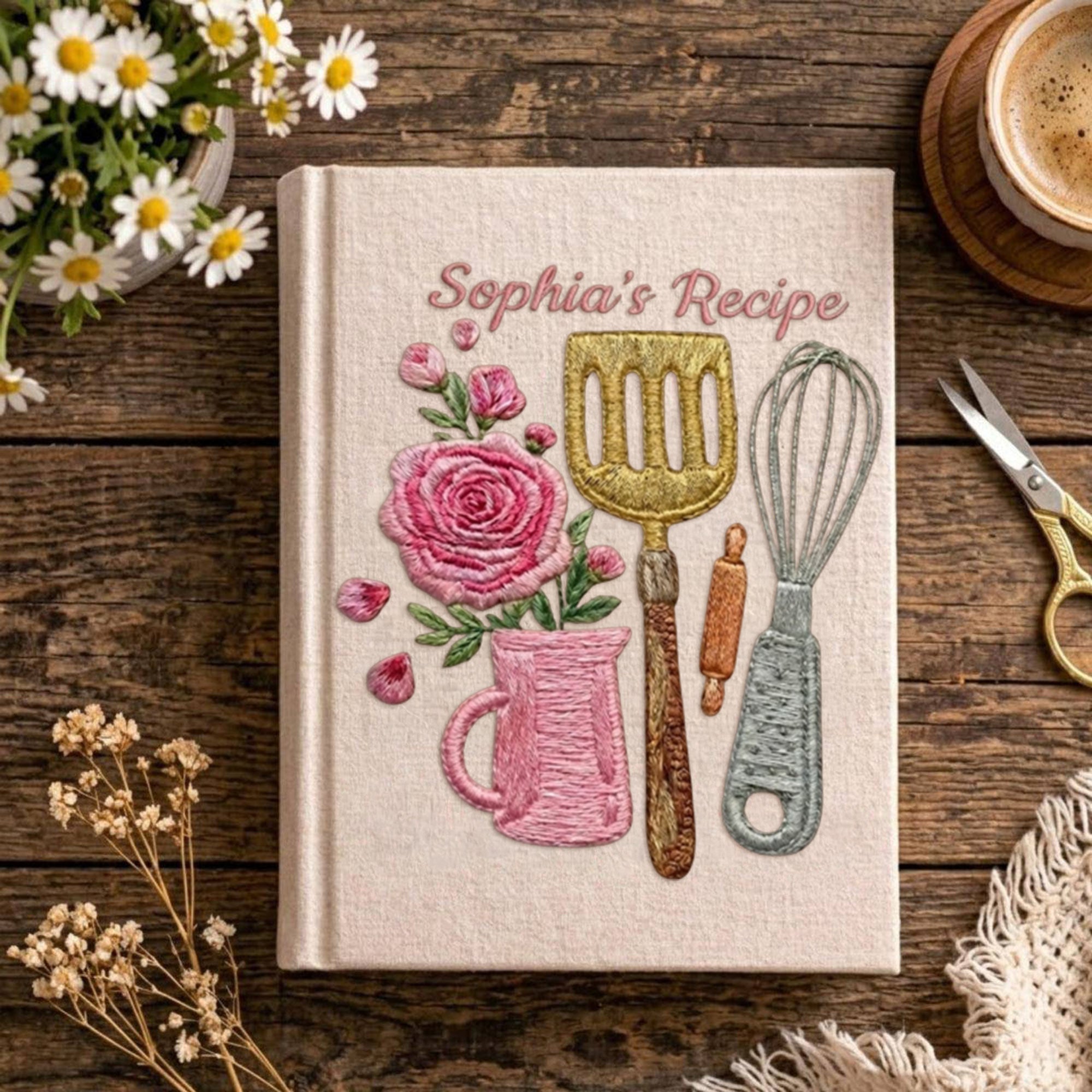 Personalized embroidered kitchen recipe notebook handmade linen floral cookbook 2