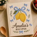 Personalized lemon hand embroidered recipe book with blue bow and custom family recipe title