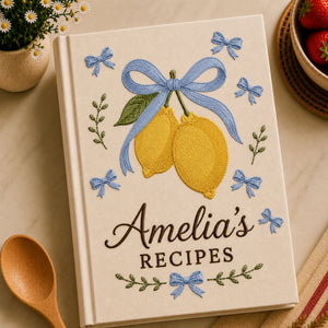 Personalized lemon hand embroidered recipe book with blue bow and custom family recipe title