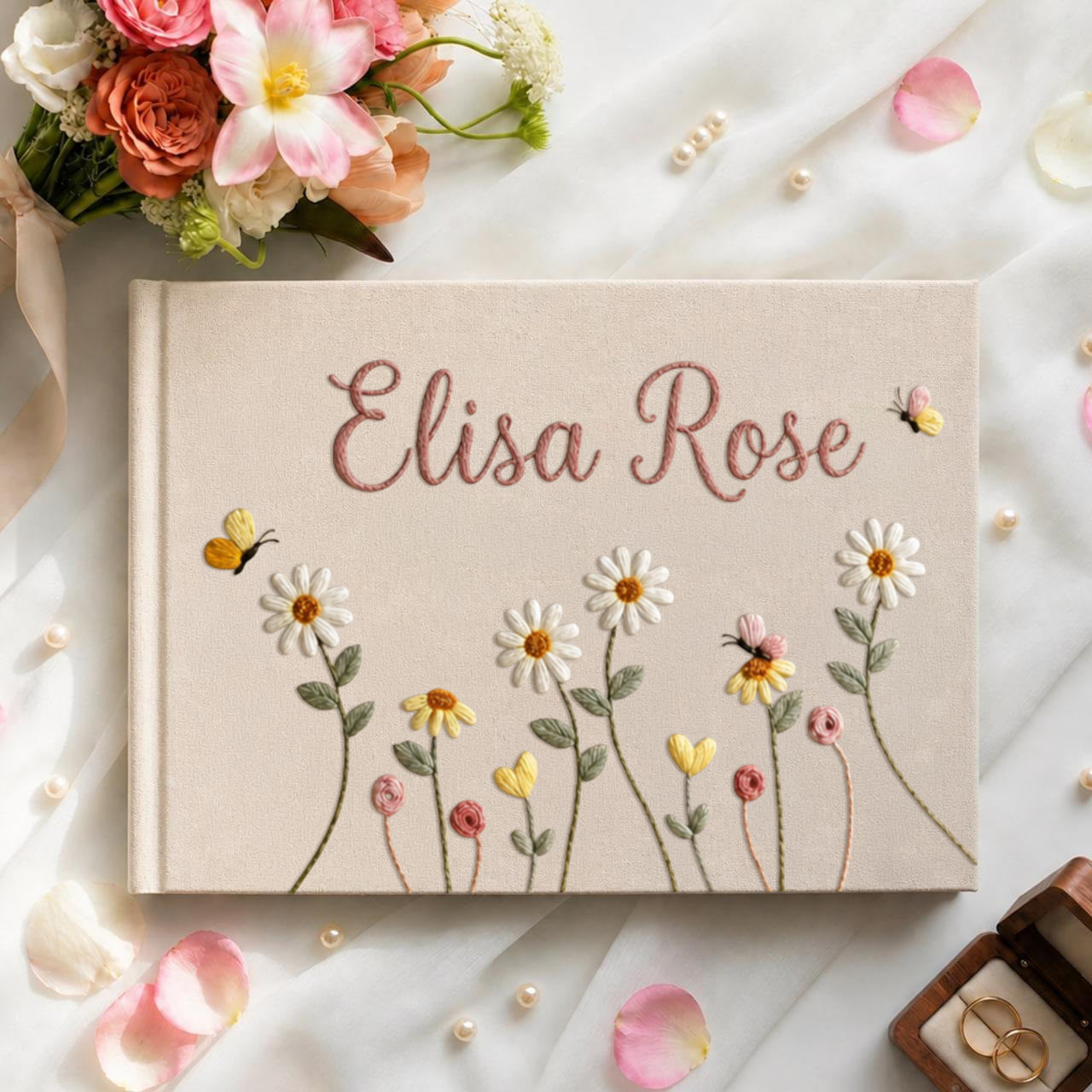 Personalized daisy butterfly hand embroidered linen notebook with custom name floral journal gift